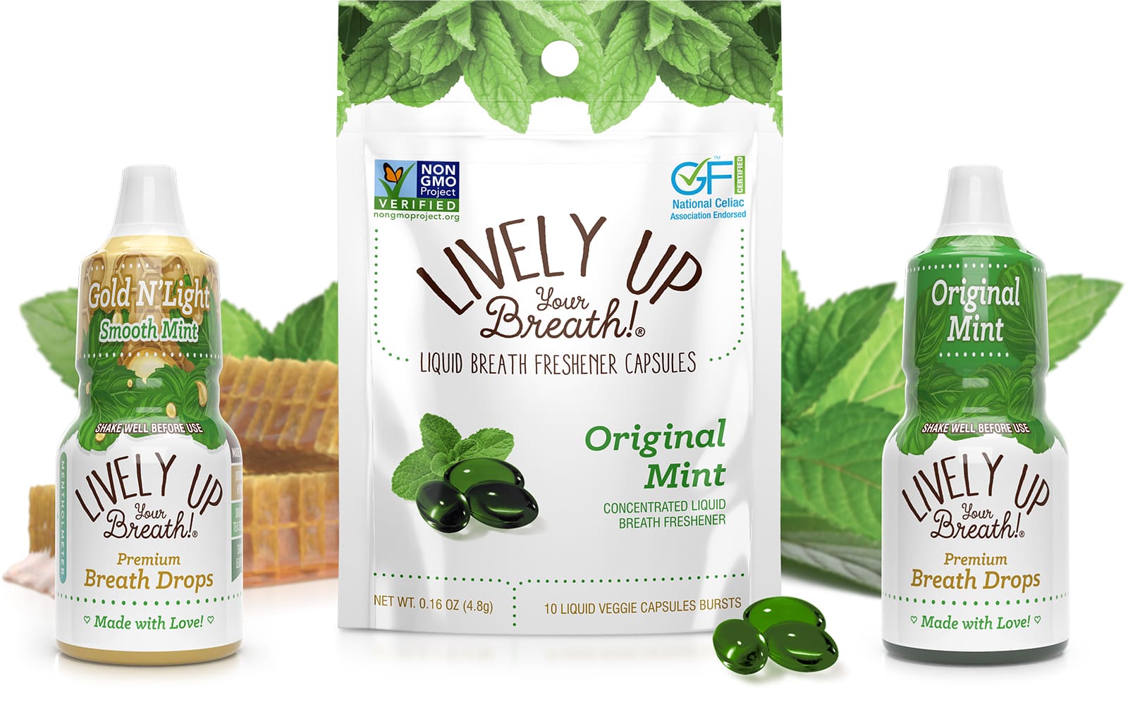 Lively Up Your Breath! Natural Breath Fresheners - Original Mint Drops, Gold N'Light Drops, Original Mint Capsule Bursts